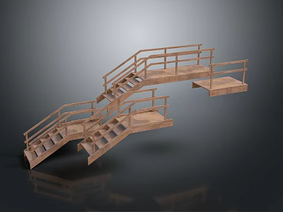 Wooden Staircase Structure With Handrails And Platform Steps 3d model