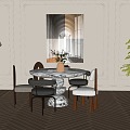 French Restaurant Home Dining Table and Chair Combination Dining Chair Floor Lamp Carpet Plant Wall Panel Decorative Painting 3d model