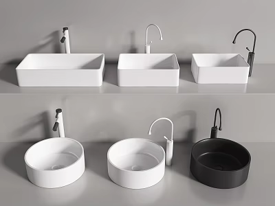 Stylish Modern Washbasins With Square Round Shapes White Black Colors And Faucets 3d model