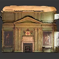 Luxurious Grand Hall Interior With Red Carpet Golden Columns Chandelier Fireplace And Paintings