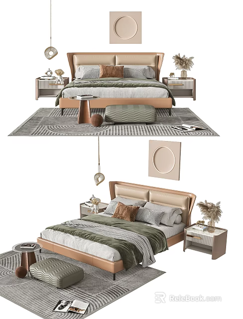 Modern Double Bed Interior Design With Upholstered Headboard And Side Tables 3d model