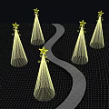 Conical Star Topped Decorative Lights Along Winding Path With Night Reflections On Grid Ground