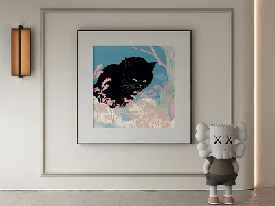 Abstract Painting Black Cat on Blue Background with Pink Green Plants Modern Wall Art Decor 3d model