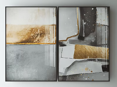 Modern Abstract Paintings With Gray Gold White Tones And Geometric Textures For Wall Decor 3d model