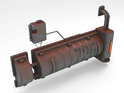 Rustic Brown Cylindrical Industrial Equipment With Metal Construction Pipe Connections And Orange Stripe 3d model