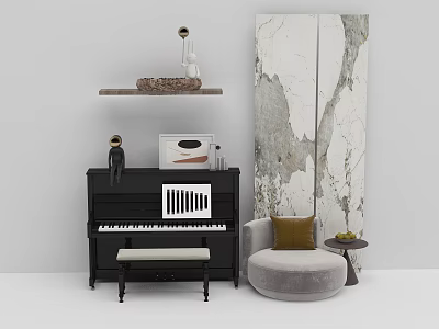 Stylish Interior With Black Piano Art Supplies Picture Frame Sculpture And Decorative Shelf 3d model