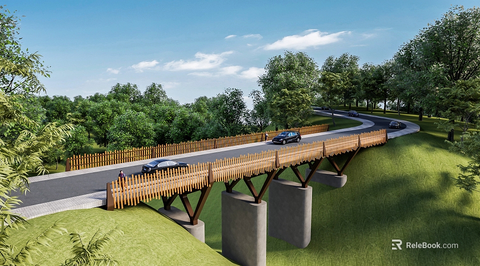 Scenic Bridge With Wooden Railings Concrete Piers And Cars Driving By Green Trees 3d model 