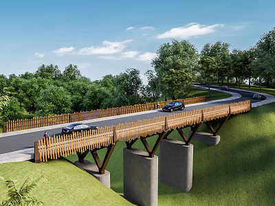 Scenic Bridge With Wooden Railings Concrete Piers And Cars Driving By Green Trees 3d model
