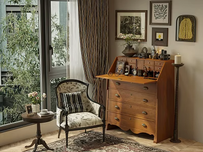Vintage Wooden Decorative Cabinet With Accent Chair Potted Plant And Wall Art 3d model