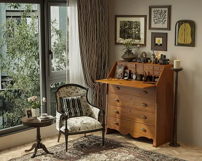 Vintage Wooden Decorative Cabinet With Accent Chair Potted Plant And Wall Art 3d model
