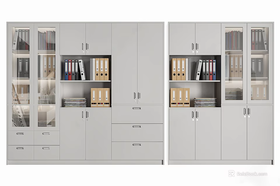 Modern Office Bookcase Design With Glass Doors Cabinets Drawers Binders And Books 3d model 