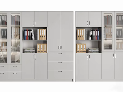 Modern Office Bookcase Design With Glass Doors Cabinets Drawers Binders And Books 3d model