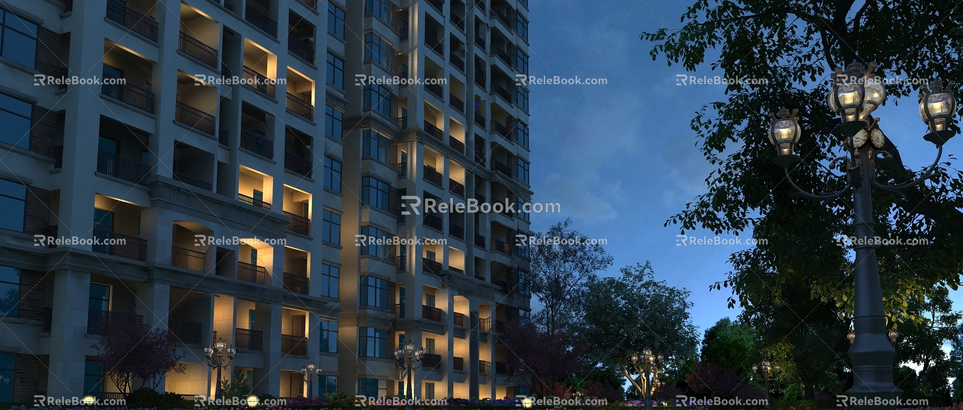 Building facade, building exterior wall, park night view 3d model