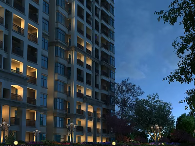 High Rise Building Exterior Illuminated at Dusk With Bright Windows Balconies and Surrounding Trees 3d model