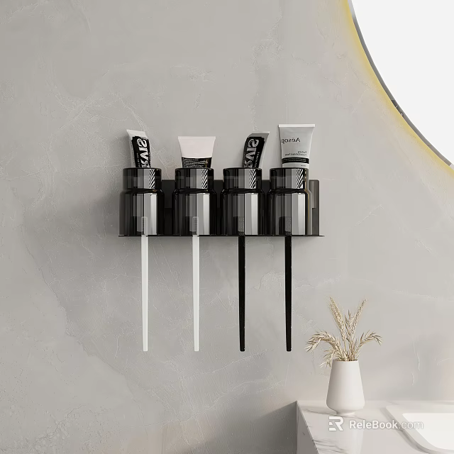 Wall Mounted Black Cosmetic Storage Shelf with Organized Makeup Products and Brushes 3d model 