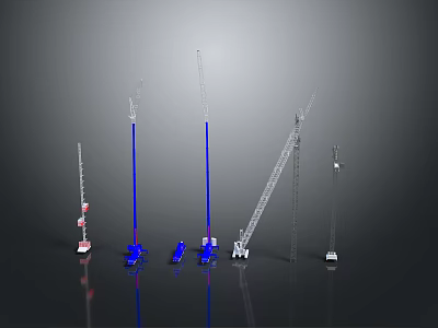 Various Types of Construction Crane Scale Models on Reflective Display Surface 3d model
