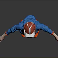Woman With Red White VR Headset Blue Hoodie Orange Sneakers Arms Outstretched On Gray Background