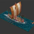 Ancient Water Vessel With Orange White Sail Wooden Oars And Dragon Head On Blue Water