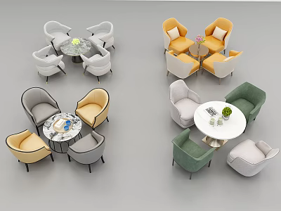 Modern Colorful Table and Chair Sets with Round Tables and Decorative Vases 3d model