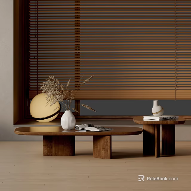 Stylish Wooden Coffee Table Set Featuring Decorative Vase Dried Plants Magazines And Blinds Backdrop 3d model 