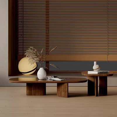 Stylish Wooden Coffee Table Set Featuring Decorative Vase Dried Plants Magazines And Blinds Backdrop 3d model