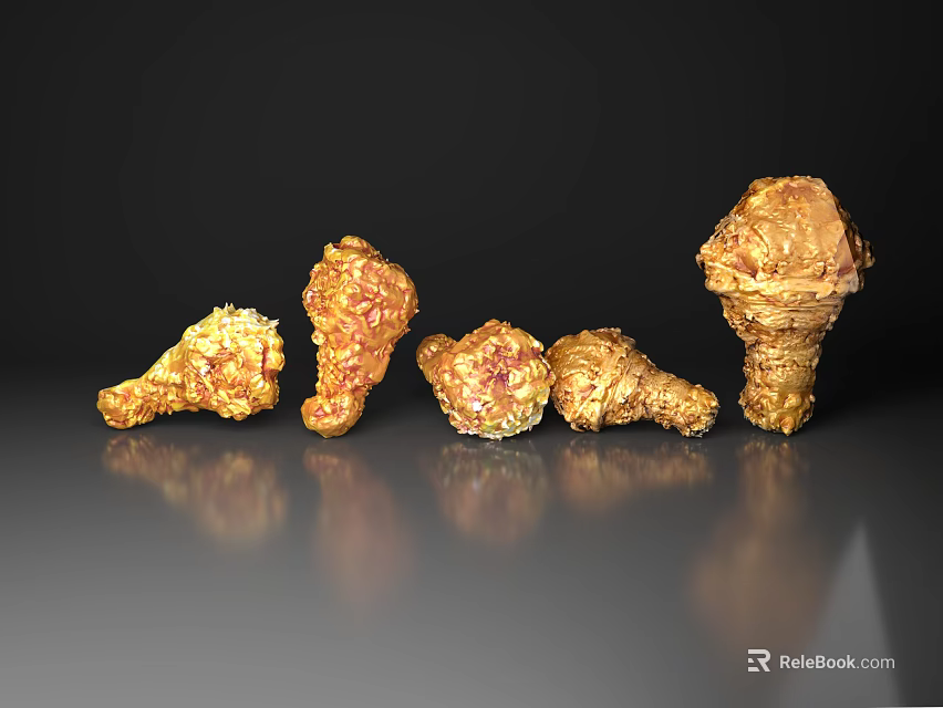 Five Golden Crispy Fried Chicken Drumsticks Arranged On Gray Background 3d model 