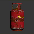 Red LPG Gas Cylinder With Yellow Stripe And Worn Exterior Surface Details