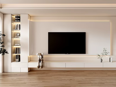 Modern TV Wall with White Panel Bookshelf LED Lighting Platform Green Plant and Wooden Floor 3d model