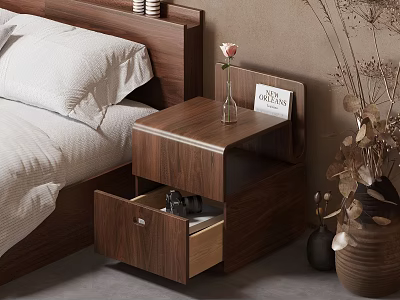 Double Bed with Wooden Nightstand Open Drawer Vase Rose and Good Night Card Warm Bedroom 3d model