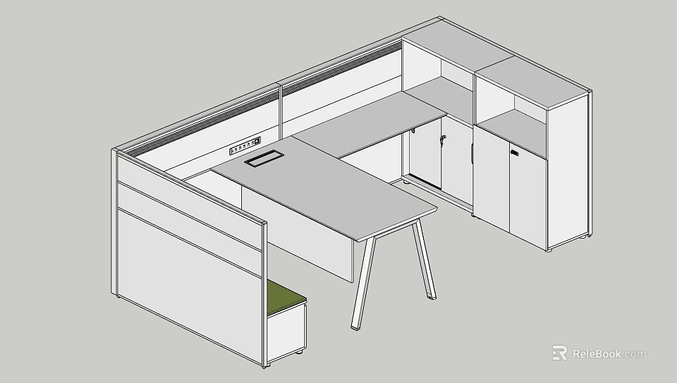 Modern Office Desk With Partition Workspace Closed Cabinets And Open Shelves 3d model 