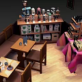 Cozy Restaurant Interior With Wooden Bar Counter Stools And Various Bottles On Display Shelves