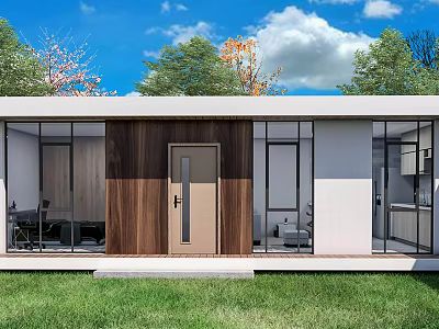 Modern Detached Villa With Wooden White Facade Large Glass Windows Green Lawn And Trees 3d model