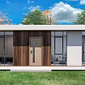 Modern Detached Villa With Wooden White Facade Large Glass Windows Green Lawn And Trees
