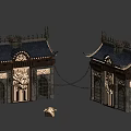Cartoon Scenery With Chinese Style Buildings Tile Roofs Carved Decorations Lit Windows And Chain Link
