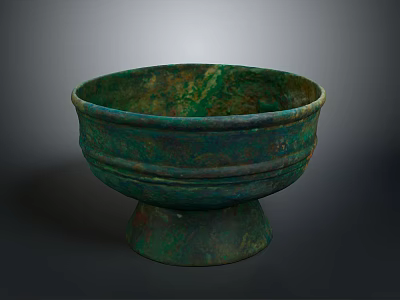 Ancient Bronze Bowl With Pedestal Base And Green Patina Surface 3d model