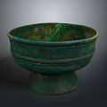 Ancient Bronze Bowl With Pedestal Base And Green Patina Surface