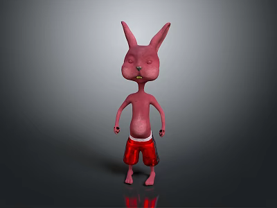 3D Cartoon Pink Rabbit Wearing Red Shorts Standing on Gray Background 3d model