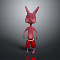 3D Cartoon Pink Rabbit Wearing Red Shorts Standing on Gray Background
