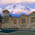 Spacious Single Family Villa Exterior With Snow Capped Mountain View And Courtyard People