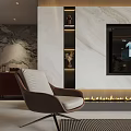 Modern Living Room Interior Design With Marble Wall Large TV Bookshelves Fireplace And Coffee Table