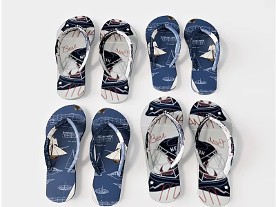Blue And White Flip Flops With Sailboat Pattern Casual Summer Footwear Design 3d model