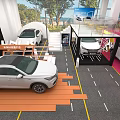 Modern Car Showroom Display With White Vehicles Glass Structure And Lighting