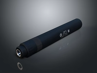 Black Cylindrical Tactical Weapon Component With Surface Markings On Dark Background 3d model