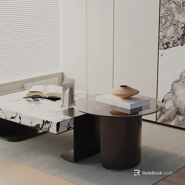 Modern Sofa And Coffee Table Set With Marble Top Open Book And Artwork Decor 3d model