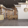 Traditional Chinese Restaurant Interior With Wooden Tables Lamps And Decorative Panels