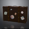Vintage Brown Leather Suitcase With Colorful Travel Stickers And Metal Hardware