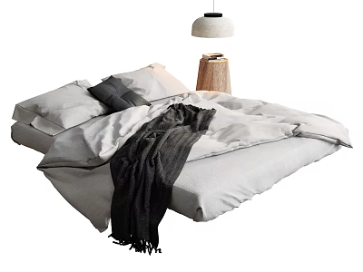 Double Bed with Grey Sheets Black Pillow Blanket Beside Wooden Bedside Table and Hanging Lamp 3d model