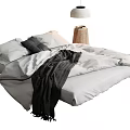 Double Bed with Grey Sheets Black Pillow Blanket Beside Wooden Bedside Table and Hanging Lamp