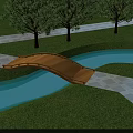 Scenic Wooden Arch Bridge With Green Grass Trees Stone Path And Waterway