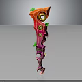 Vibrant Pink And Red Fantasy Weapon With Green Decorative Accents And Curved Structure